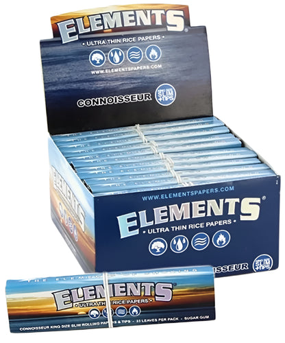 Elements Ultra Thin Rice Papers - Connoisseur King Size Slim Rolling Papers & Tips - 33 Leaves Per Pack - Sugar Gum